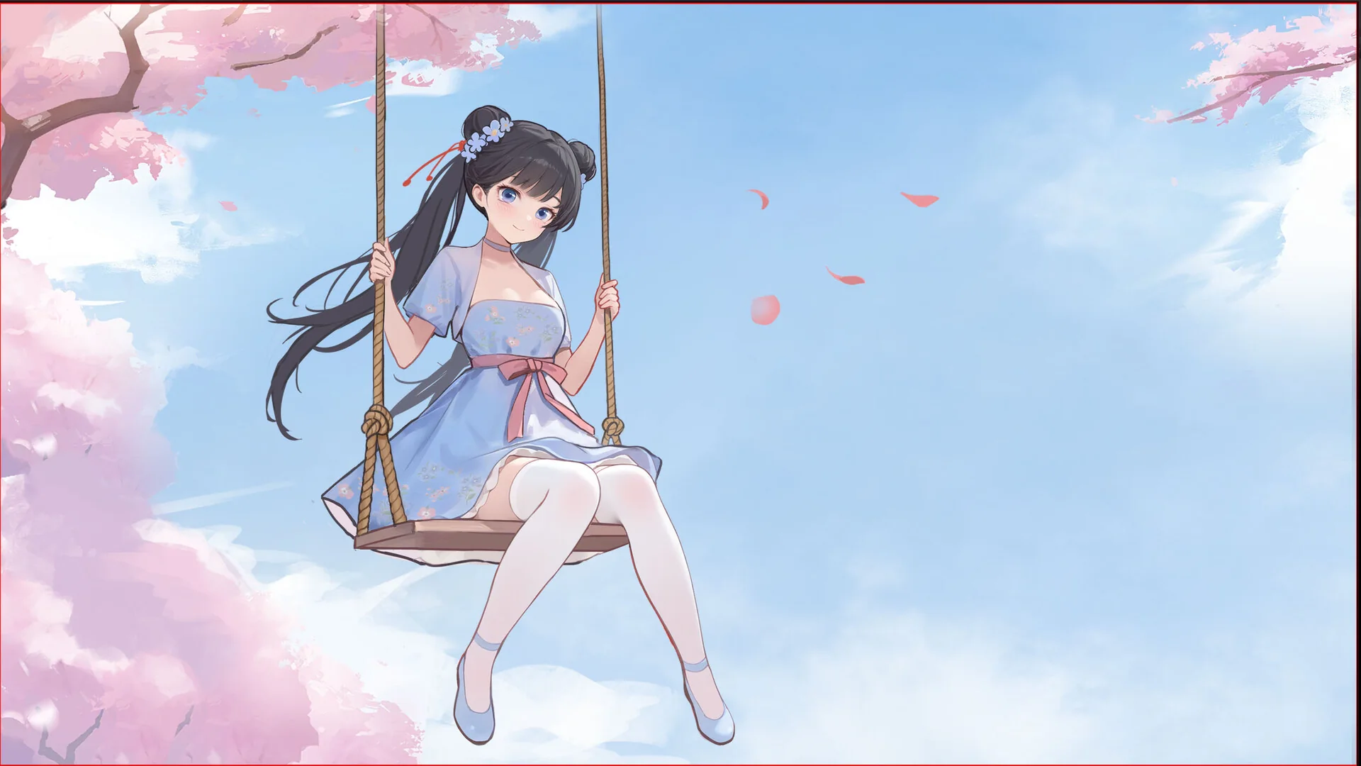 粉色花树下坐在秋千上的白衣女侠