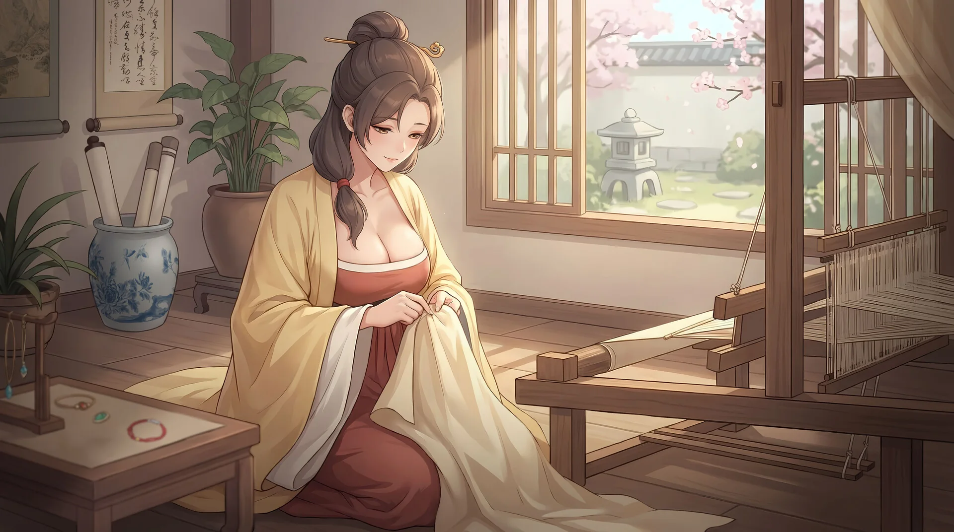 身着素色衣裙的女子在木屋内纺织