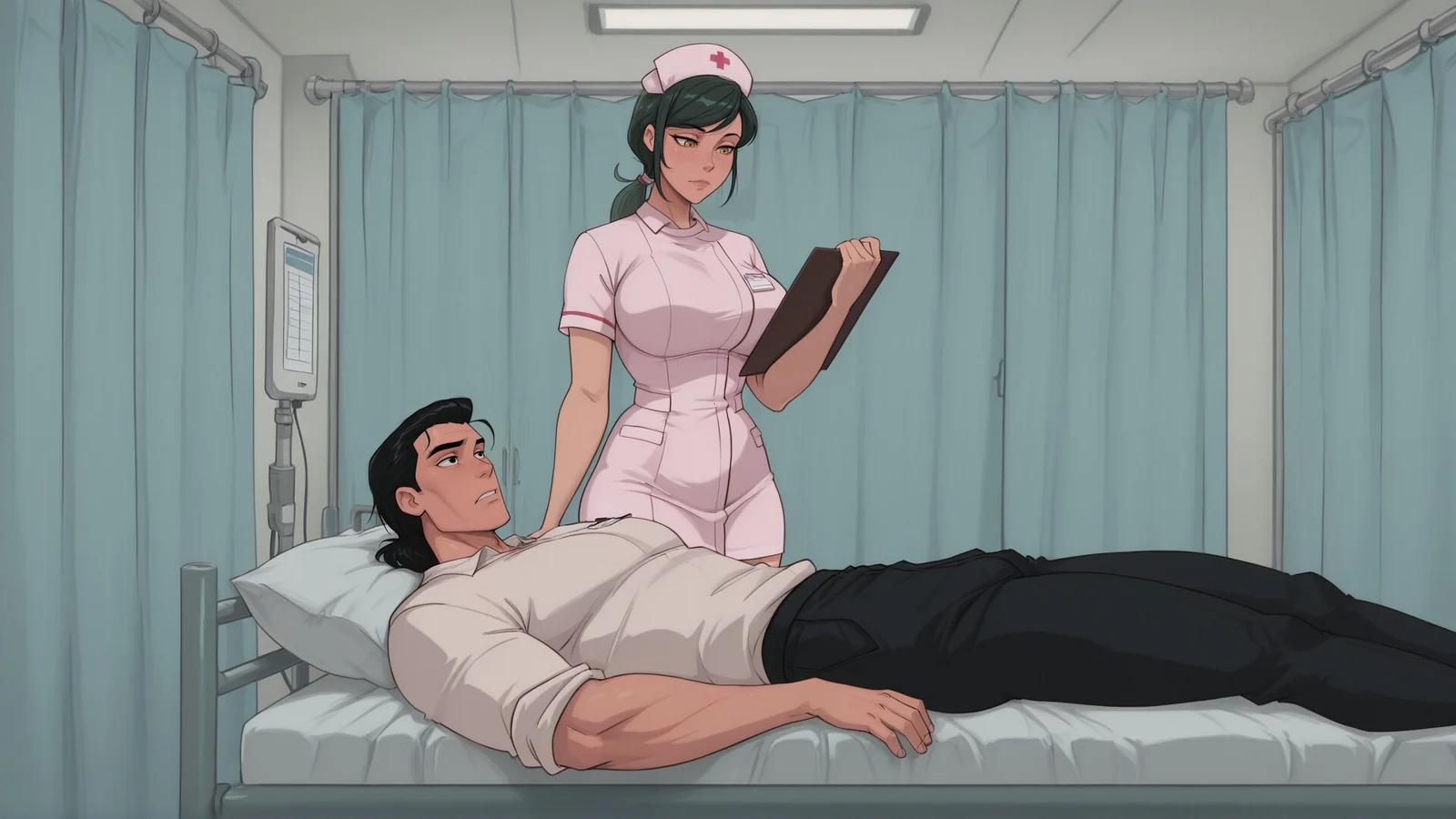 医院病房里，护士查看躺在病床上的男性角色