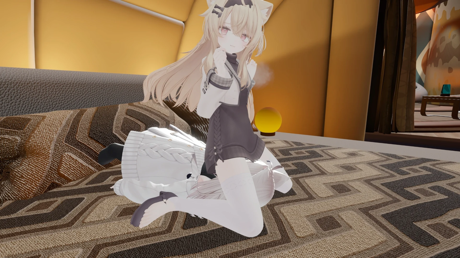 穿深色服装的 3D 虚拟角色跪坐在酒店地毯上